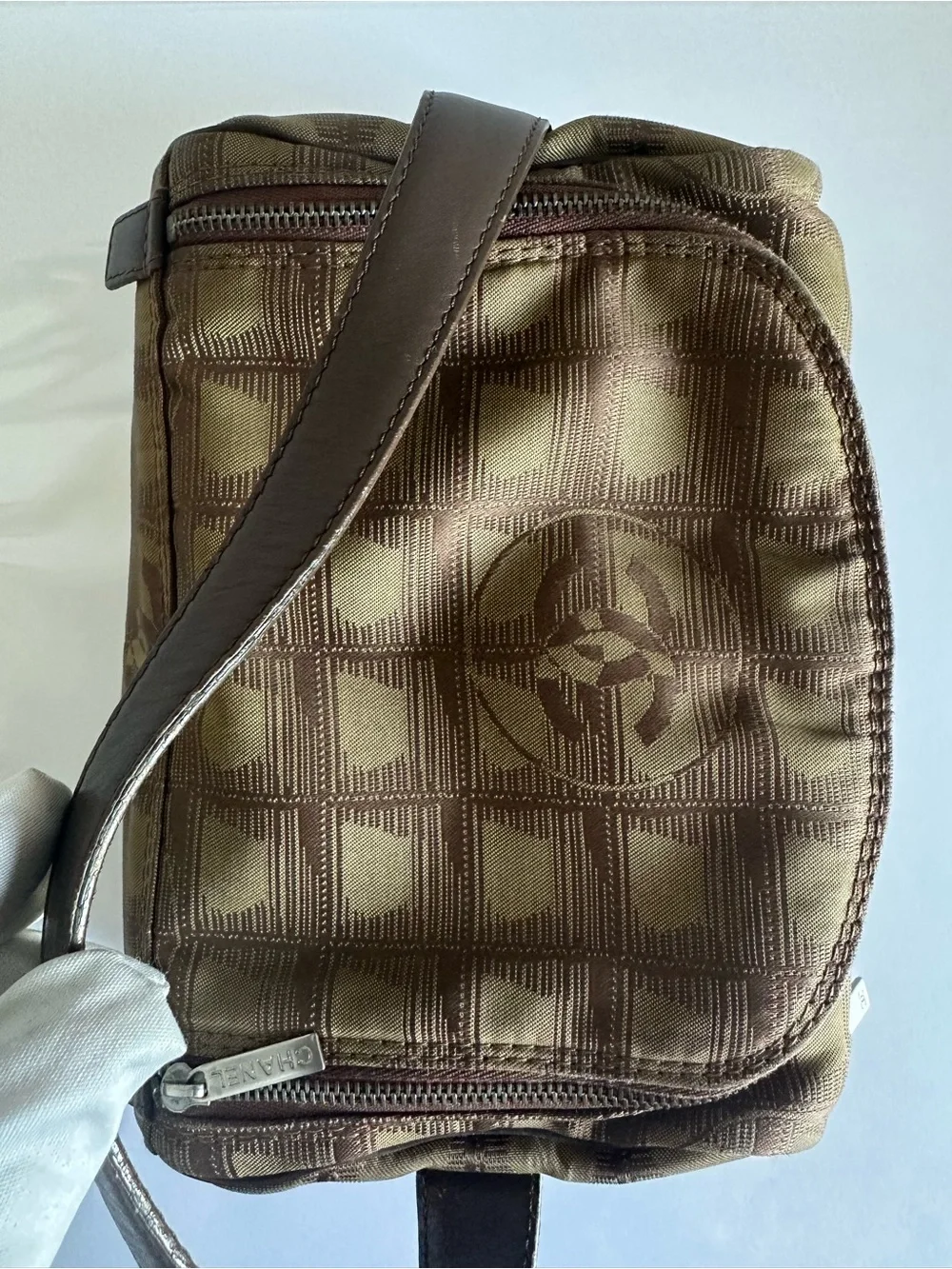 Vintage CHANEL New Travel Line Olive Khaki CC Jacquard Vanity Bag with Card